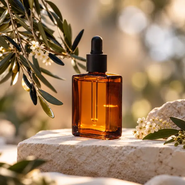 Bernsteinfarbene Hautpflegeflasche in einer sanft beleuchteten botanischen Produktaufnahme