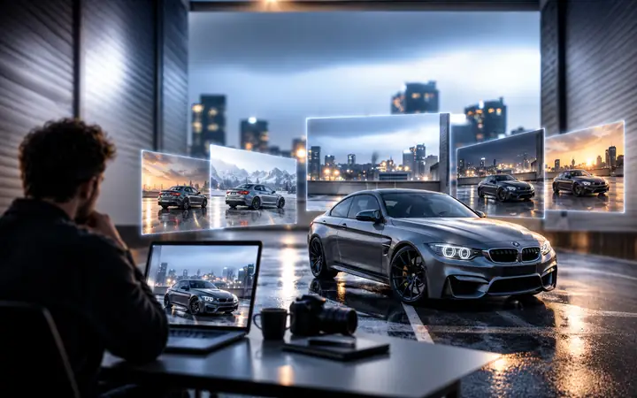 Konzept für Automobil-Produktbilder mit einem Auto in einer eleganten Stadtkulisse