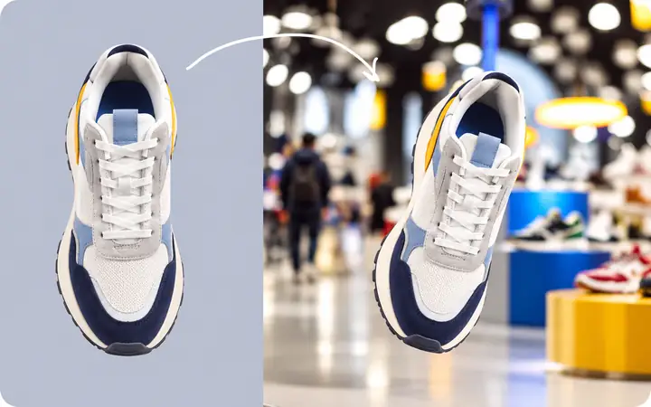 Vorher-nachher-Produktfotokonzept mit einem Sneaker vor schlichtem Hintergrund und in einer lebendigen Verkaufsumgebung