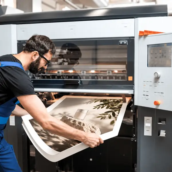 Kreativer Produktionsarbeitsplatz mit einer Person, die einen Produktdruck vorbereitet