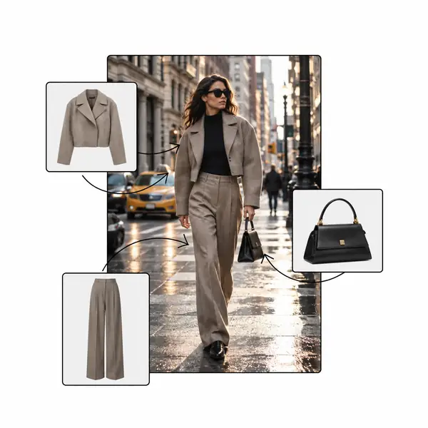 Editorial-Modefotografie-Collage mit einem Model, Kleidung und Accessoires auf einer Stadtstraße