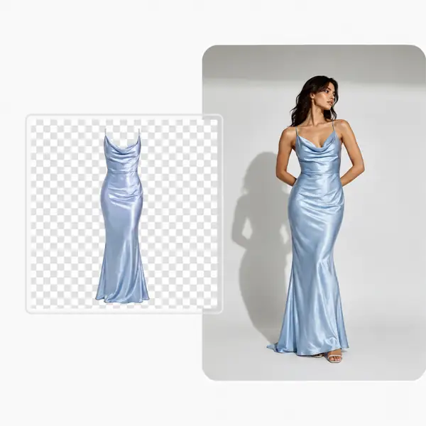 Modekonzept mit einem Kleidungsstück neben einem professionellen Studiofoto am Model