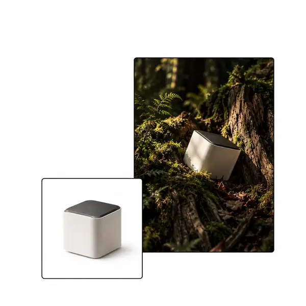 Lifestyle-Produktfotografie-Collage mit einem Parfümflakon vor einer Waldkulisse