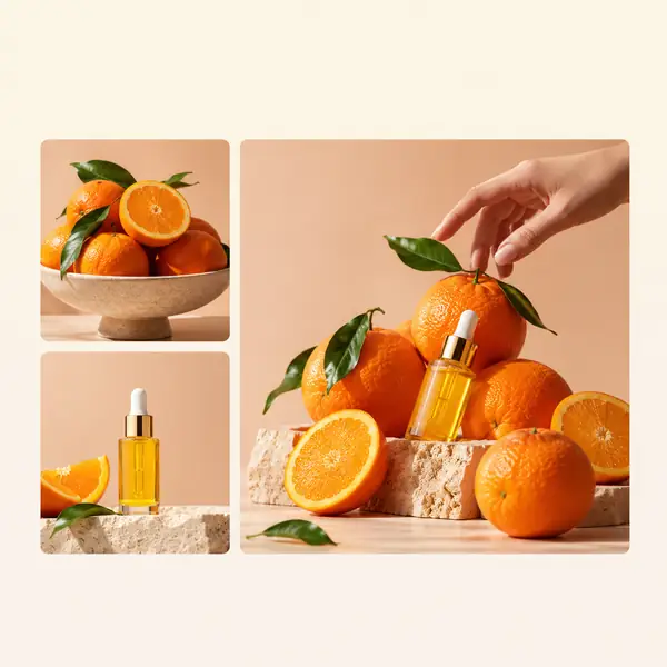 Produktfotokonzept mit Orangen und einem kleinen Fläschchen in einem hellen Editorial-Arrangement