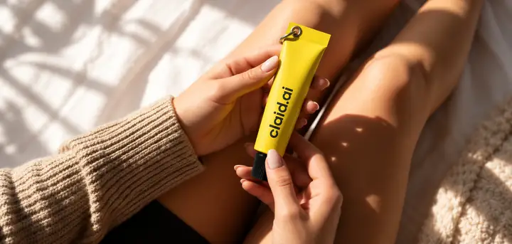 Sonniges Lifestyle-Nahaufnahmefoto von Händen, die eine gelbe Cremetube halten